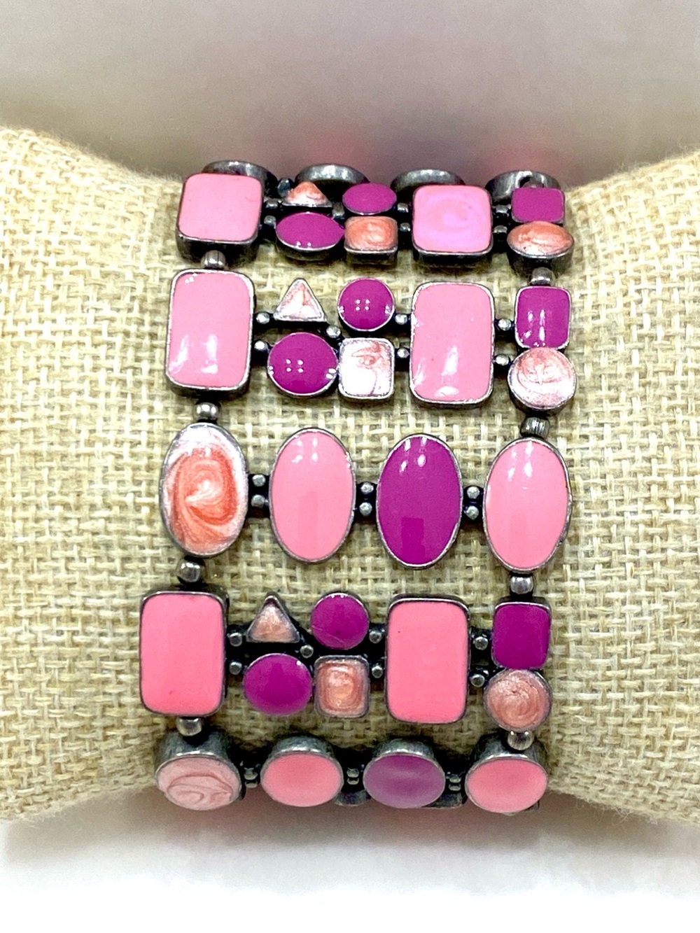 Vintage Multi Strand Pink Enamel Mosaic Cuff Bracelet Wide Geometric Stretch